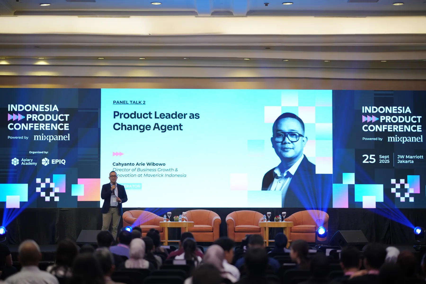 Indonesia Product Conference stage with Cahyanto moderating the Product Leader as Change Agent session.